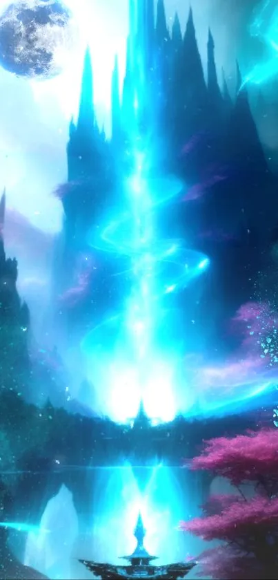 Fantastical landscape with blue vortex and pink trees.