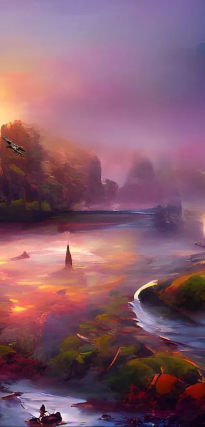 Mystical fantasy landscape with a river and vibrant sunset glow.