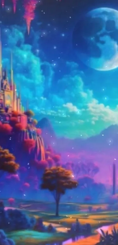 Mystical fantasy landscape with moon and vibrant colors.