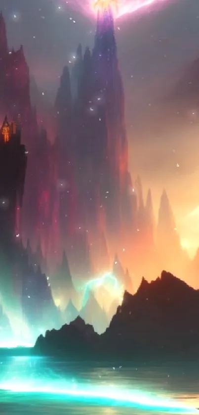 Mystical fantasy landscape with vibrant colors and ethereal elements.