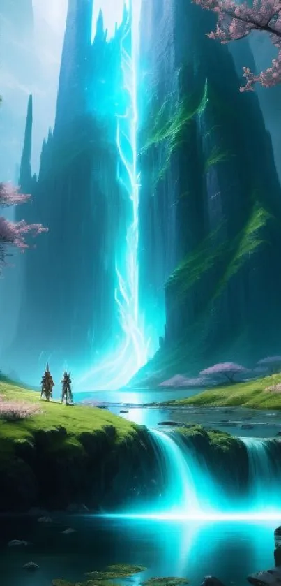 Mystical landscape wallpaper with glowing waterfall and fantasy elements.