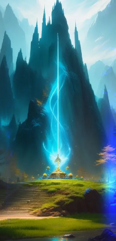 Fantasy landscape with glowing energy pillar and mountains, perfect for phones.