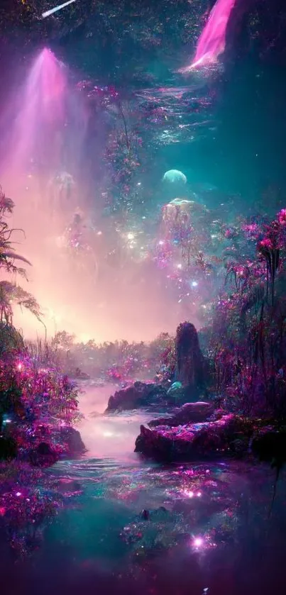 Mystical landscape with vibrant colors and an ethereal fantasy touch.