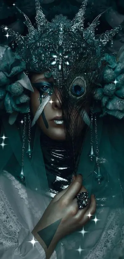 Mystical figure with ornate crown and teal accents on a mobile wallpaper.