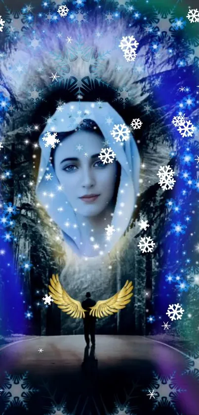 Mystical fantasy wallpaper with a serene face and angelic wings amidst snowflakes.