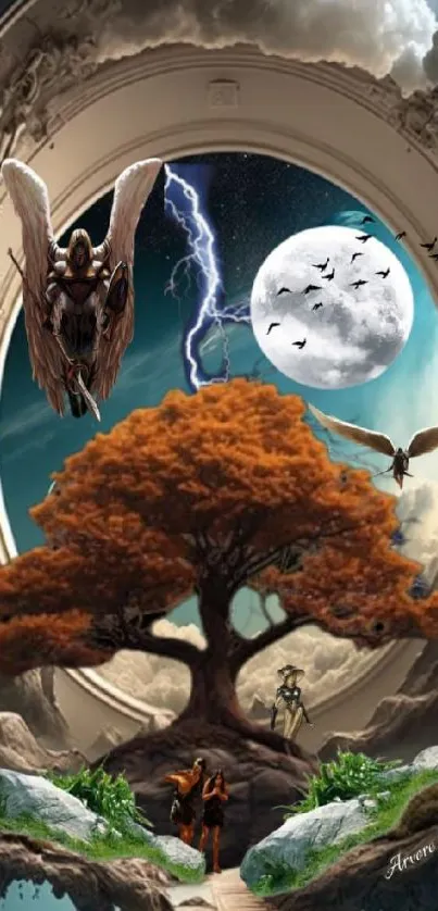 Mystical fantasy scene with angels, tree, moon, and birds.