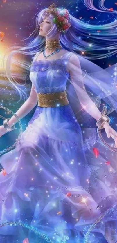 Ethereal character in blue gown with mystical aura on mobile wallpaper.