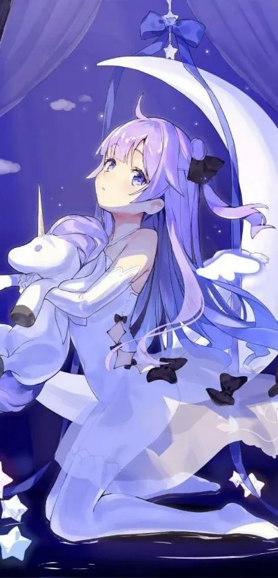 Anime girl with unicorn in a mystical moonlit setting.