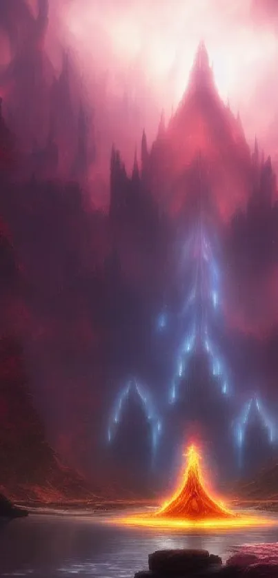 Mystical fantasy landscape wallpaper with glowing structures.