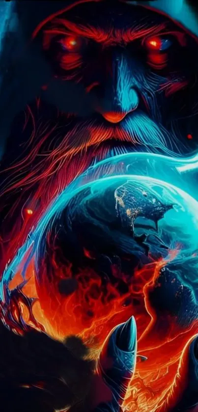 Mystical figure holding a fiery planet illustration.