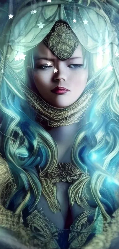 Mystical woman in turquoise fantasy art mobile wallpaper.