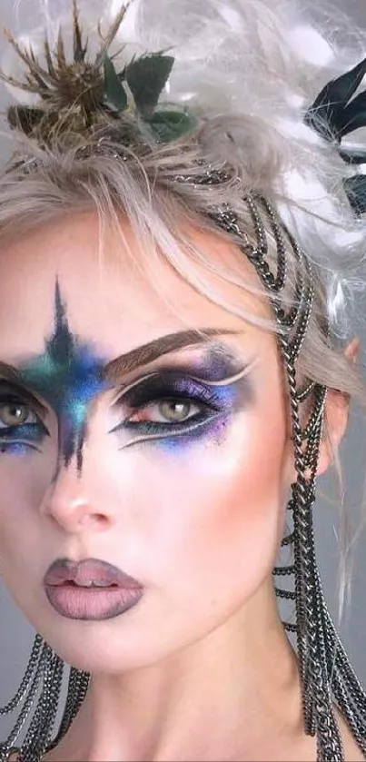 Enchanting fantasy portrait with mystical makeup and ethereal accessories.