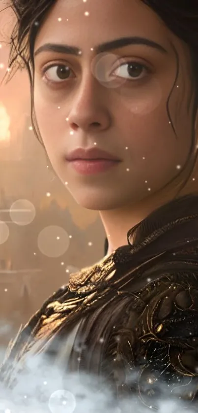 Mystical portrait of a warrior in golden armor, surrounded by fantasy elements.