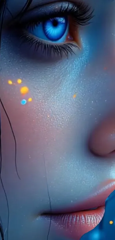 Close-up of mystical fantasy portrait with glowing blue accents.