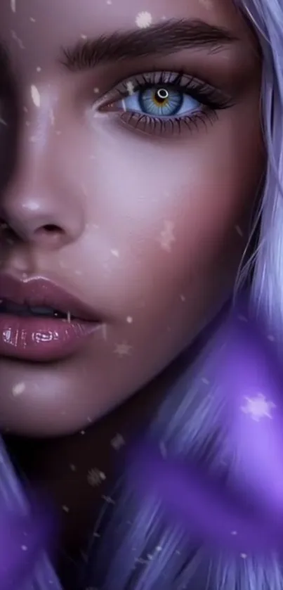 Mystical portrait with purple hues and captivating eyes.