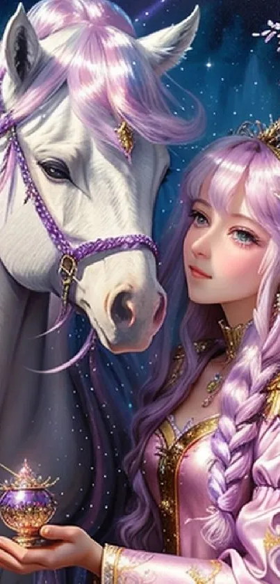 Fantasy artwork of a mystical princess with an elegant horse at twilight.