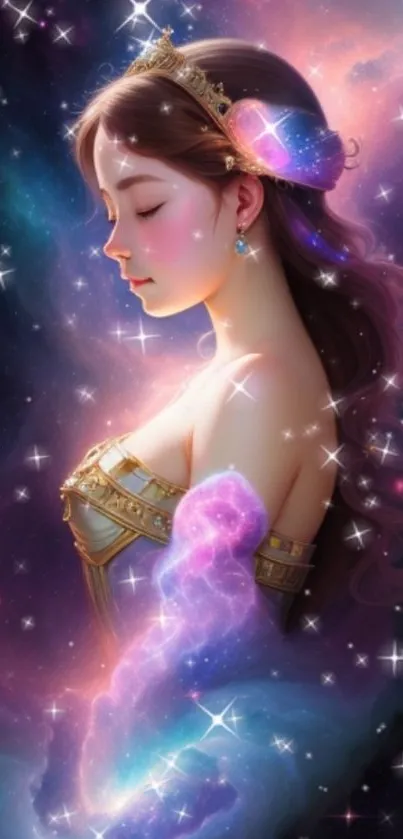 Elegant fantasy princess in cosmic galaxy setting.