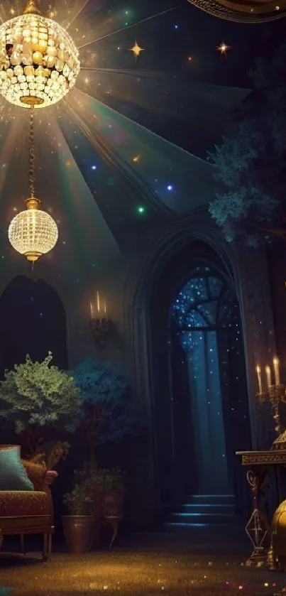 Mystical fantasy room with chandeliers and starry lights, perfect for wallpaper.