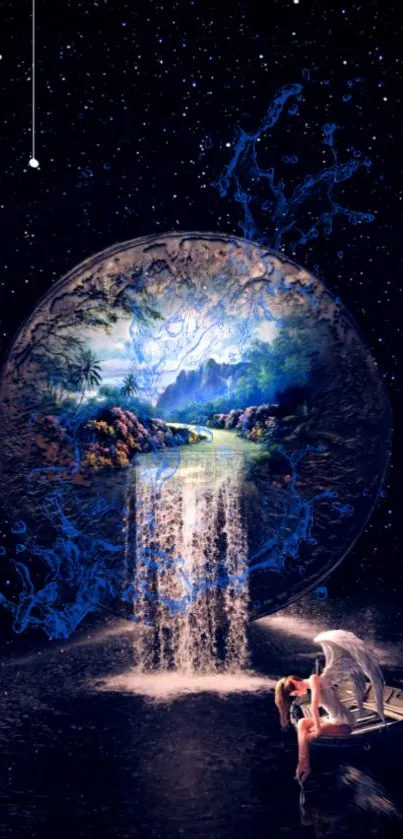 Mystical waterfall cascading under a starry night sky, creating a dreamlike celestial scene.