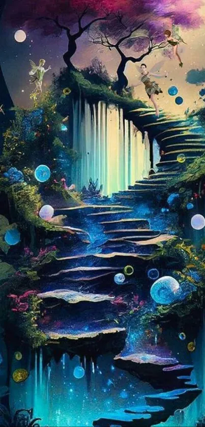 Fantasy staircase with vibrant colors and mystical scenery wallpaper.