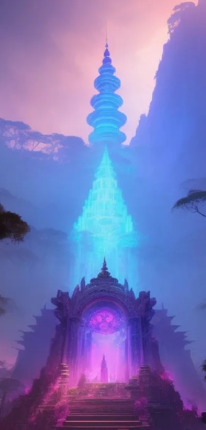 Mystical temple glowing with purple hues in a fantasy landscape.