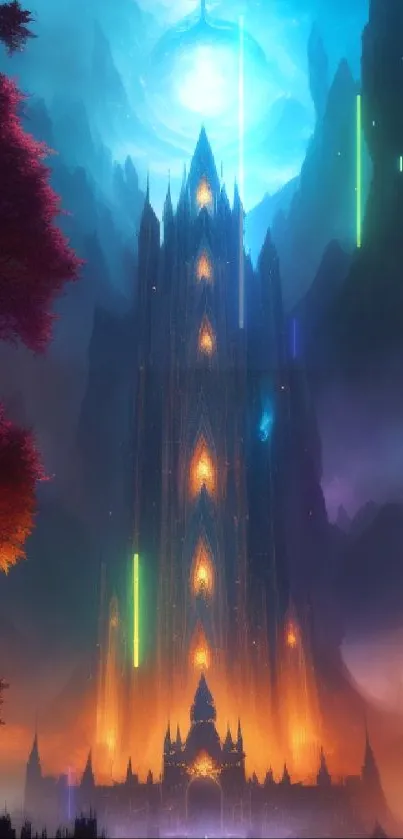 Mystical tower in vibrant hues of orange and blue creating a fantasy landscape.