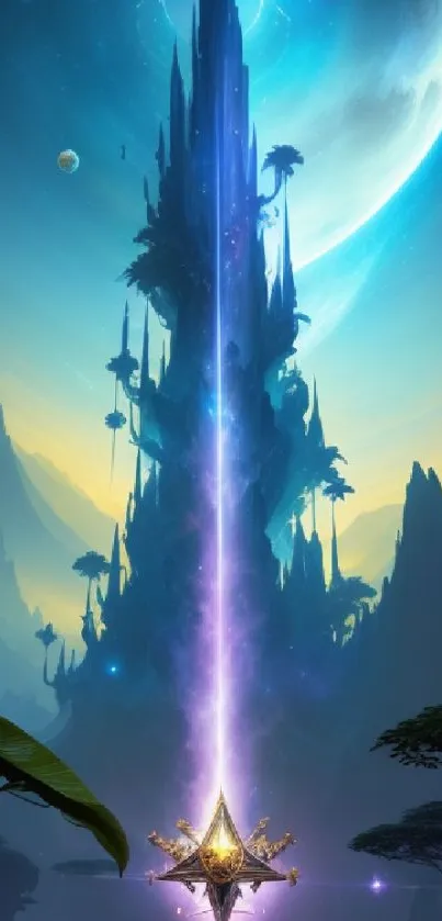 Fantasy tower under a glowing blue moon with mystical scenery.