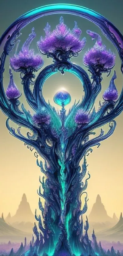 Mystical fantasy tree with purple and blue hues wallpaper.