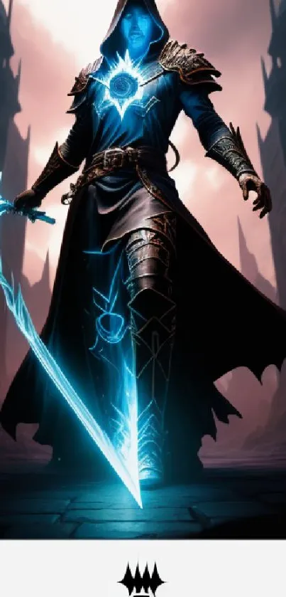 Fantasy warrior with glowing blue sword in a mystical setting.