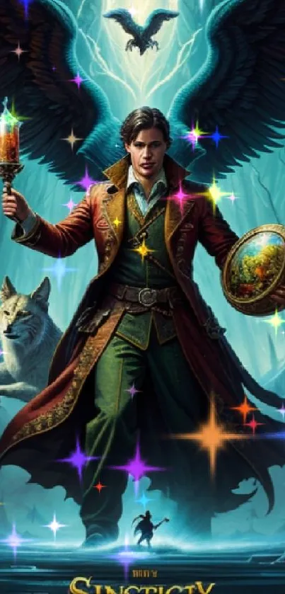 Fantasy warrior with wings and glowing lights in a magical forest.