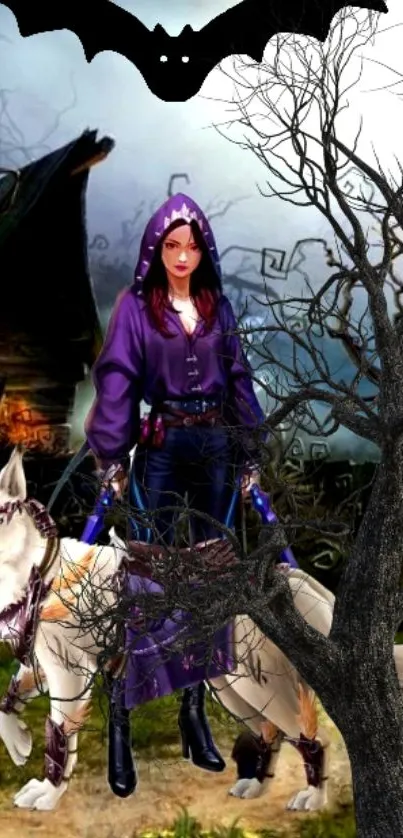 Mystical witch and wolf in eerie forest.