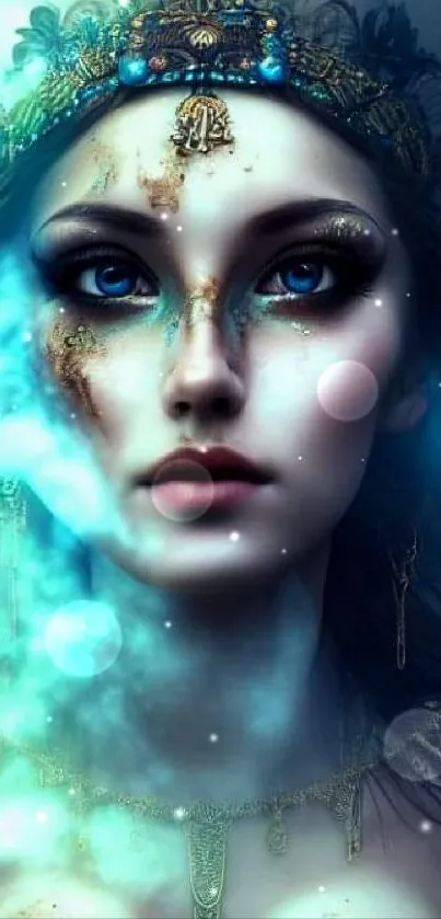 Mystical fantasy woman with blue eyes and gold jewelry in ethereal art.