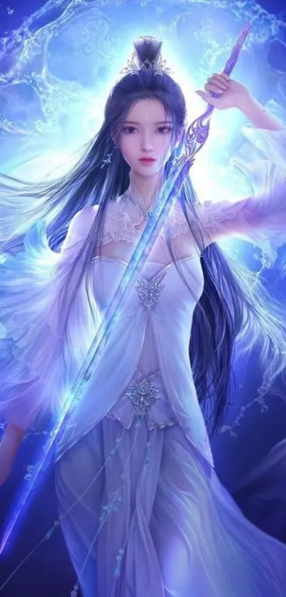 Mystical fantasy woman with glowing sword and ethereal blue ambiance.