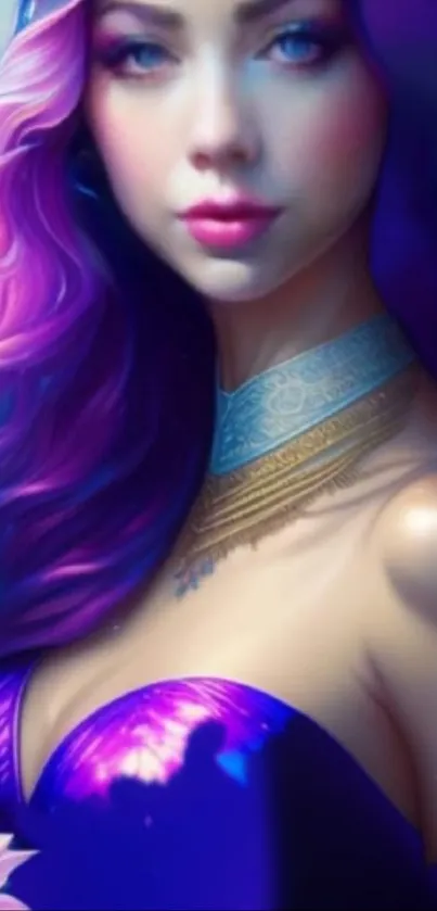 Mystical woman with vibrant purple hair in fantasy art mobile wallpaper.