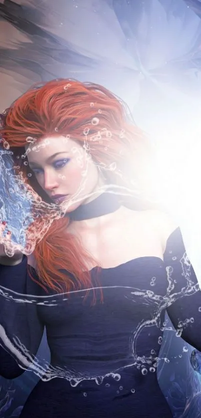 Fantasy red-haired woman surrounded by water in mystical scene.