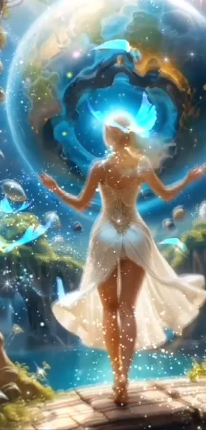 Mystical fantasy scene with a woman in a magical world.