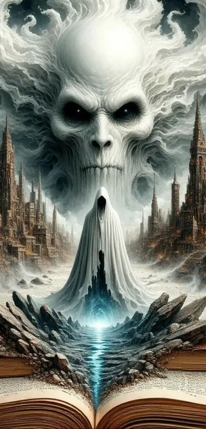 Mystical fantasy wallpaper with spectral figure.