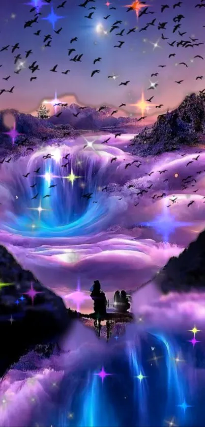 A mystical, colorful fantasy world with vibrant skies and cascading lands.
