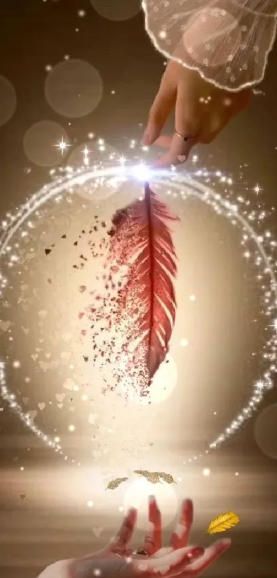 Mystical feather floating between hands, surrounded by sparkles.