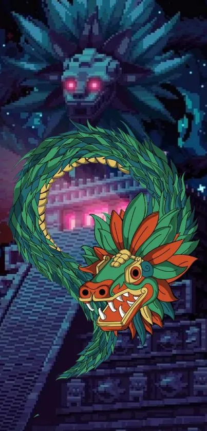 Vibrant feathered serpent in pixel art style against a mystical backdrop.