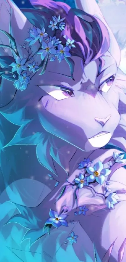 Mystical feline artwork with purple and blue tones.