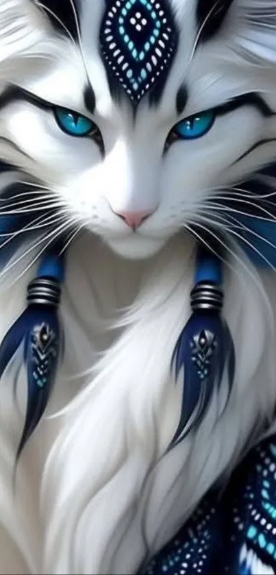 Mystical white cat with blue eyes and patterns art wallpaper.