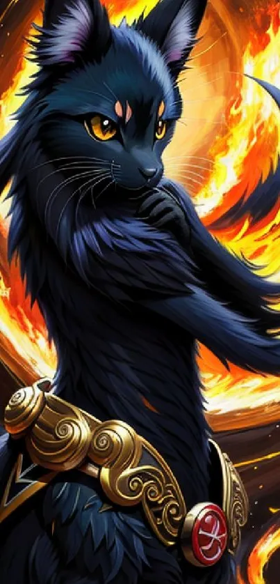 Mystical black cat with fiery background and golden armor in fantasy art style.