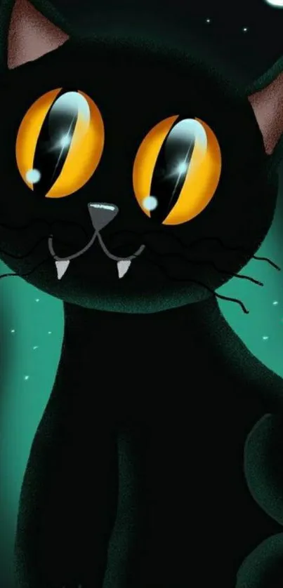 Mystical black cat with glowing yellow eyes on a dark background.