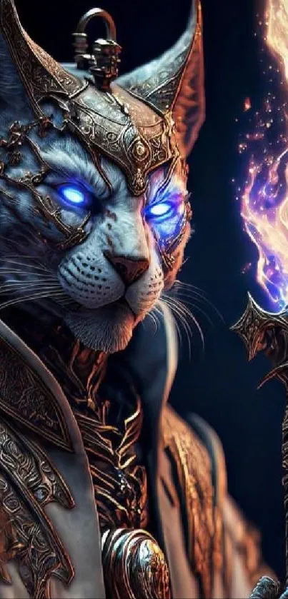 A fantasy cat with blue eyes holding a glowing staff, in detailed armor.