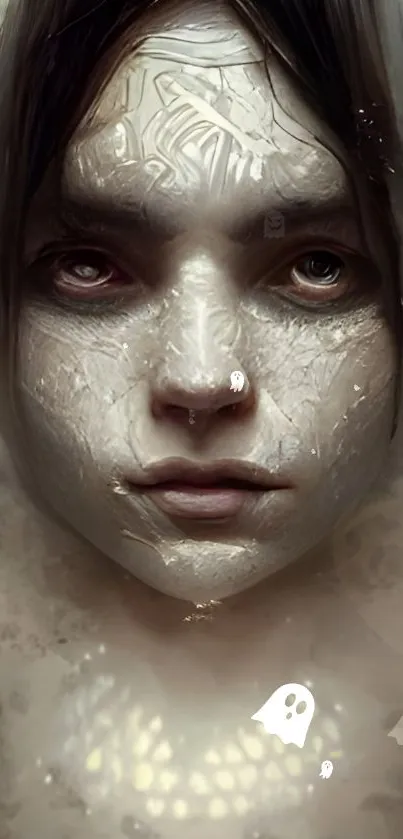 Mystical female face in digital art with ethereal design and serene expression.