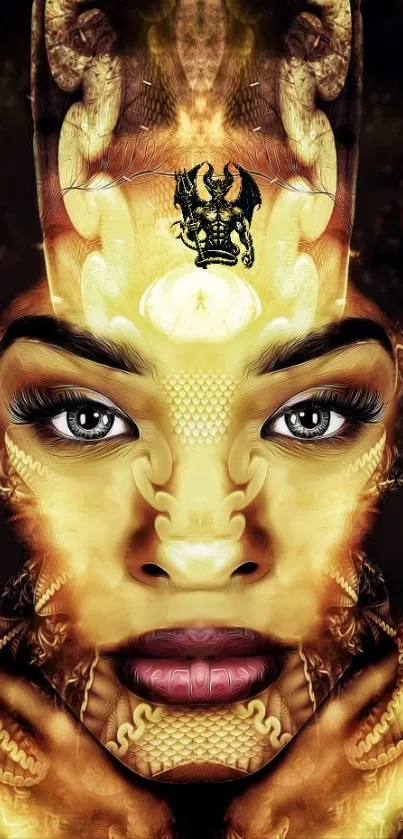 Mystical and surreal golden face art wallpaper with intricate designs.