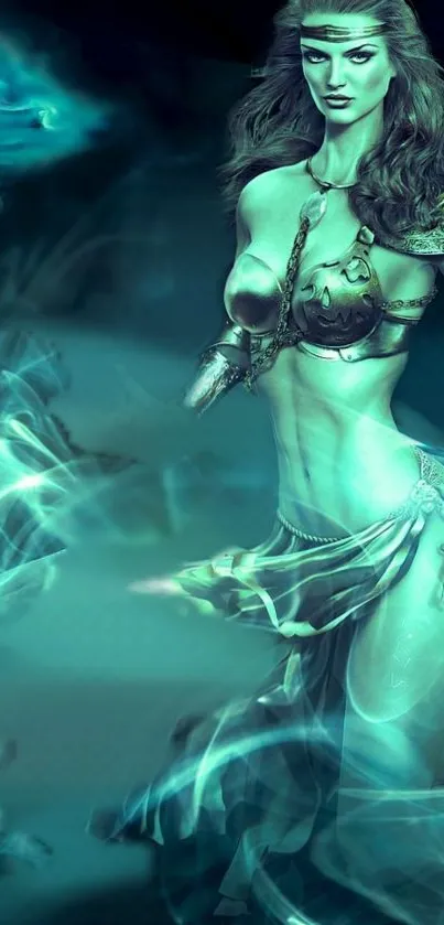 Mystical female warrior in teal fantasy setting.