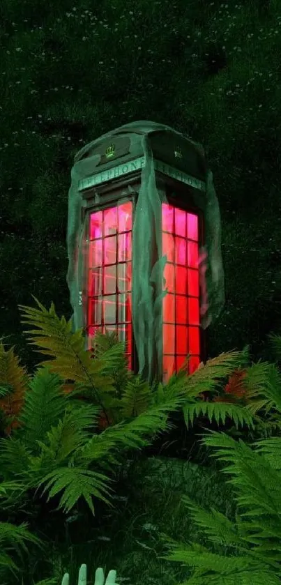 Mystical pink-lit phone booth surrounded by green ferns.