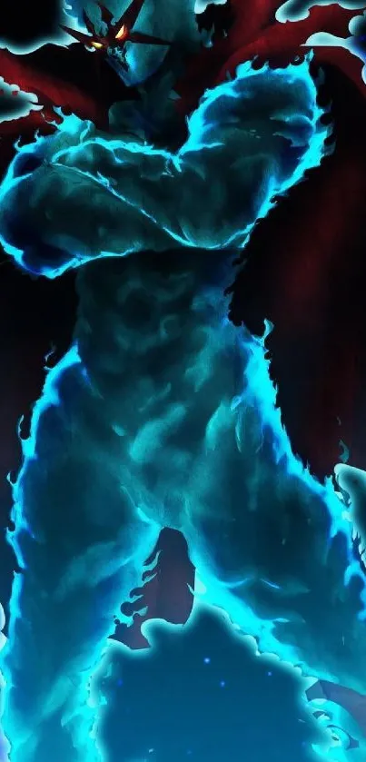 Mystical figure engulfed in blue flames on a dark background wallpaper.